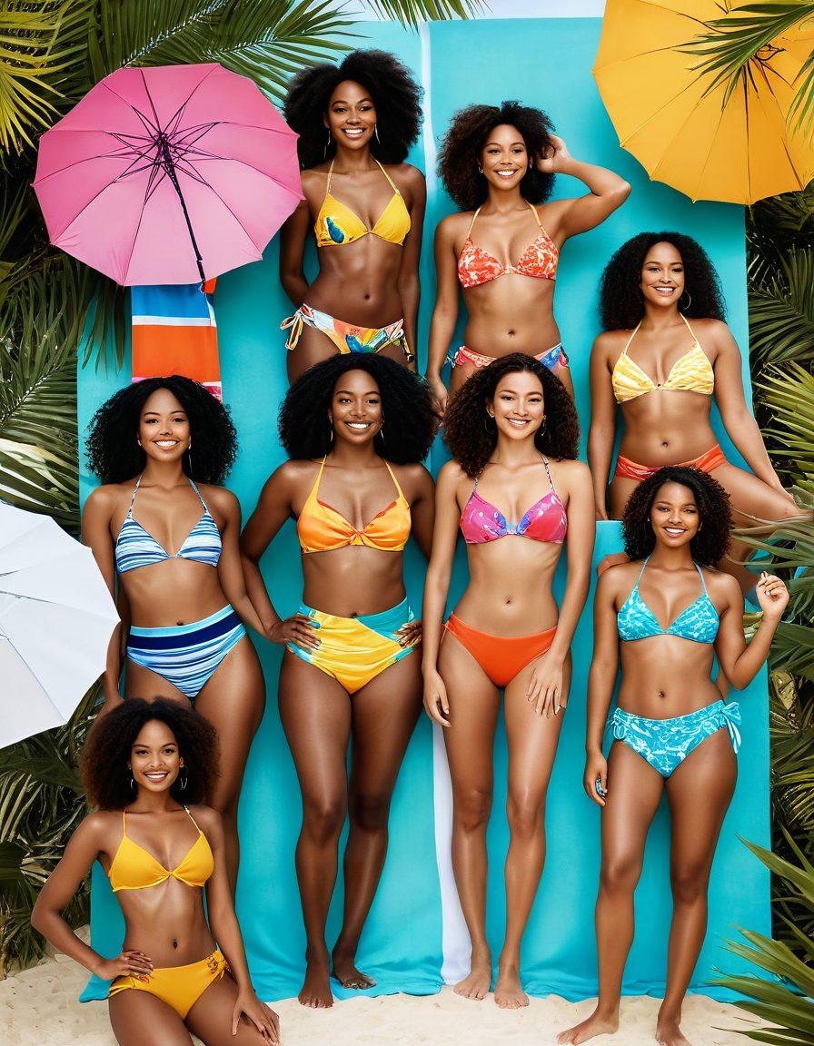 A radiant, sunlit beach scene showcasing a diverse group of women confidently modeling vibrant swimwear and lingerie-inspired beachwear. Include playful elements like colorful beach towels, umbrellas, and exotic tropical plants in the background. The women should embody various body types and ethnicities, celebrating femininity in all forms. Emphasize sun-kissed skin and joyful expressions to capture the essence of summer. vibrant colors. super-realistic. pastel background.